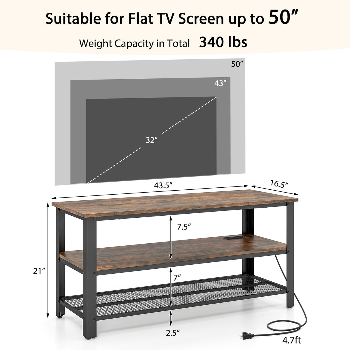 Industrial TV Stand up to 50 Inches with Power Outlets and USB Ports-Rustic Brown