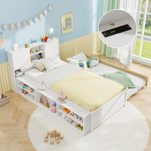 Twin Size Bed Frame with Trundle and Power Outlets-White