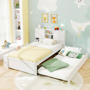 Twin Size Bed Frame with Trundle and Power Outlets-White