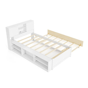 Twin Size Bed Frame with Trundle and Power Outlets-White