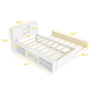 Twin Size Bed Frame with Trundle and Power Outlets-White