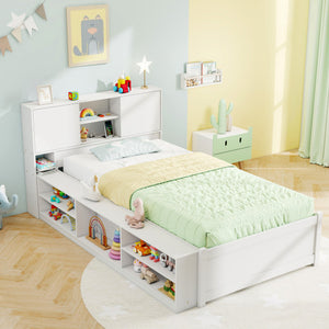 Twin Size Bed Frame with Trundle and Power Outlets-White