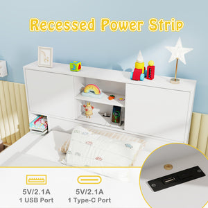Twin Size Bed Frame with Trundle and Power Outlets-White
