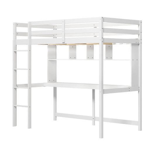 Twin Size Loft Bed with Desk and Shelves for Home Dorm Apartment No Box Spring Needed-White