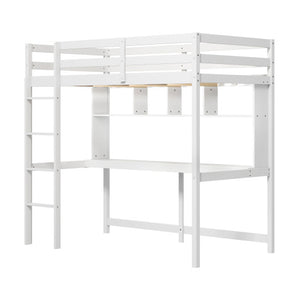 Twin Size Loft Bed with Desk and Shelves for Home Dorm Apartment No Box Spring Needed-White