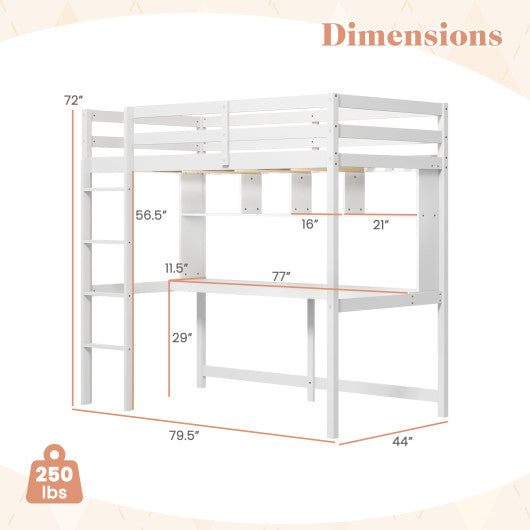 Twin Size Loft Bed with Desk and Shelves for Home Dorm Apartment No Box Spring Needed-White