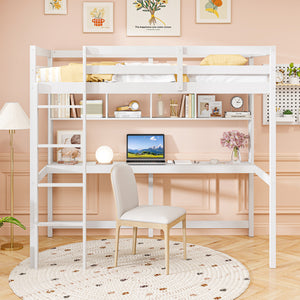 Twin Size Loft Bed with Desk and Shelves for Home Dorm Apartment No Box Spring Needed-White