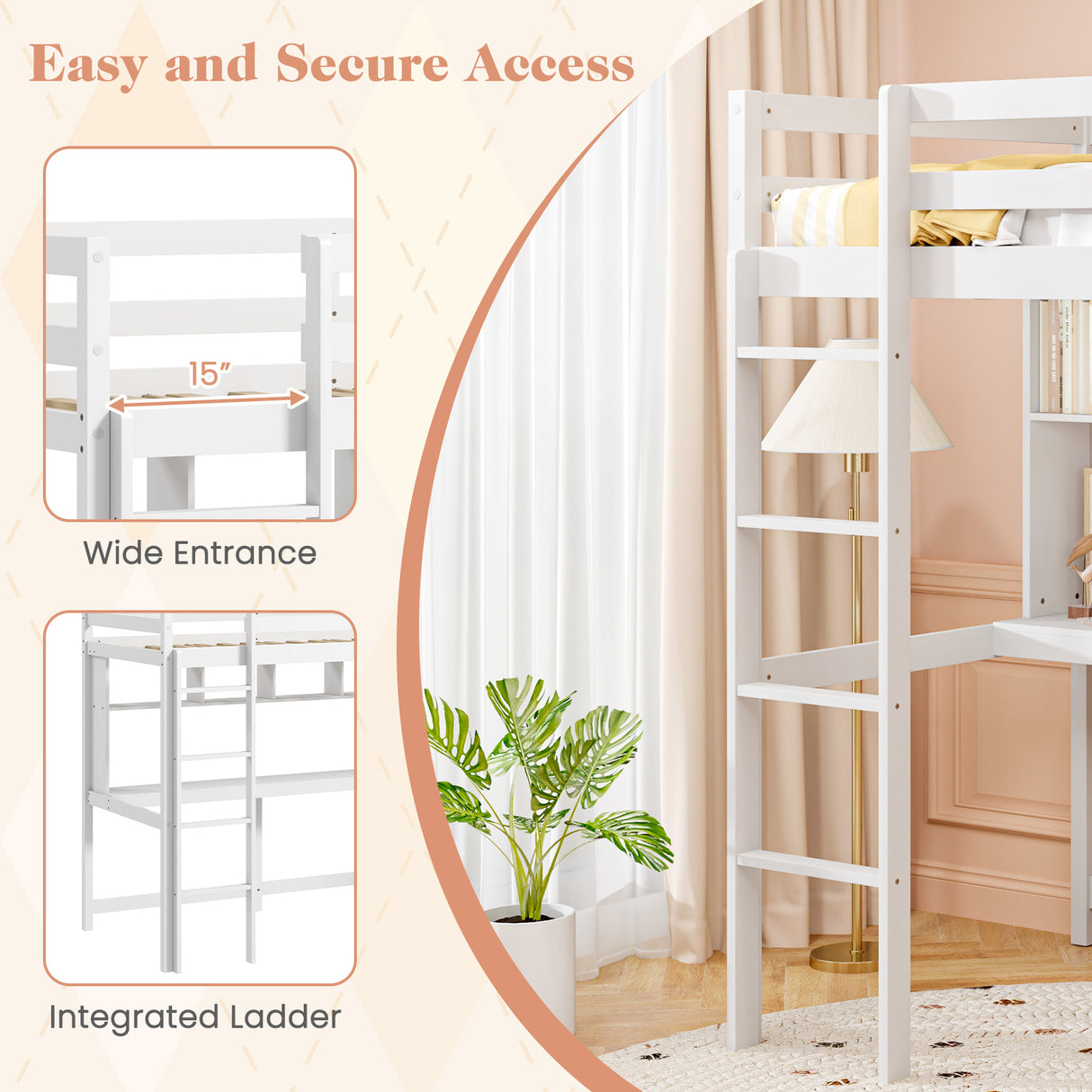Twin Size Loft Bed with Desk and Shelves for Home Dorm Apartment No Box Spring Needed-White