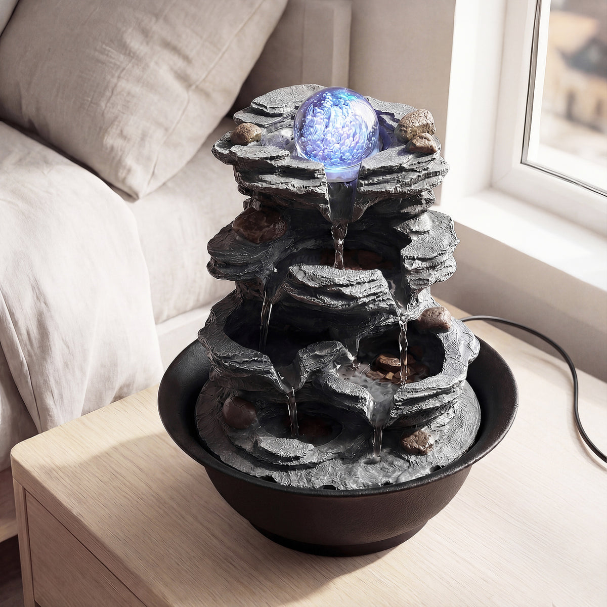 Tabletop Water Fountain with Rolling Crystal Ball and Color-Changing LED Light-A