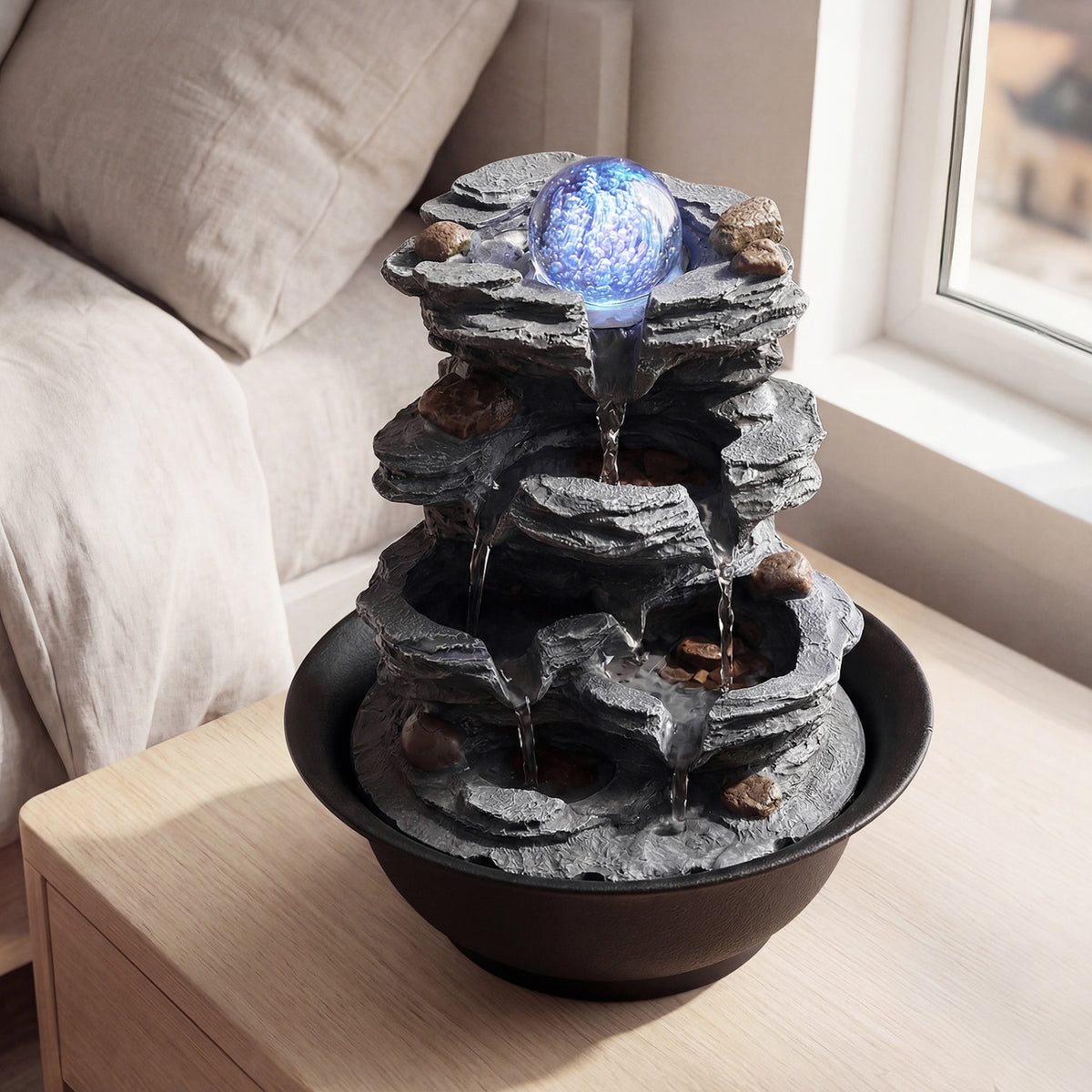 Tabletop Water Fountain with Rolling Crystal Ball and Color-Changing LED Light-A