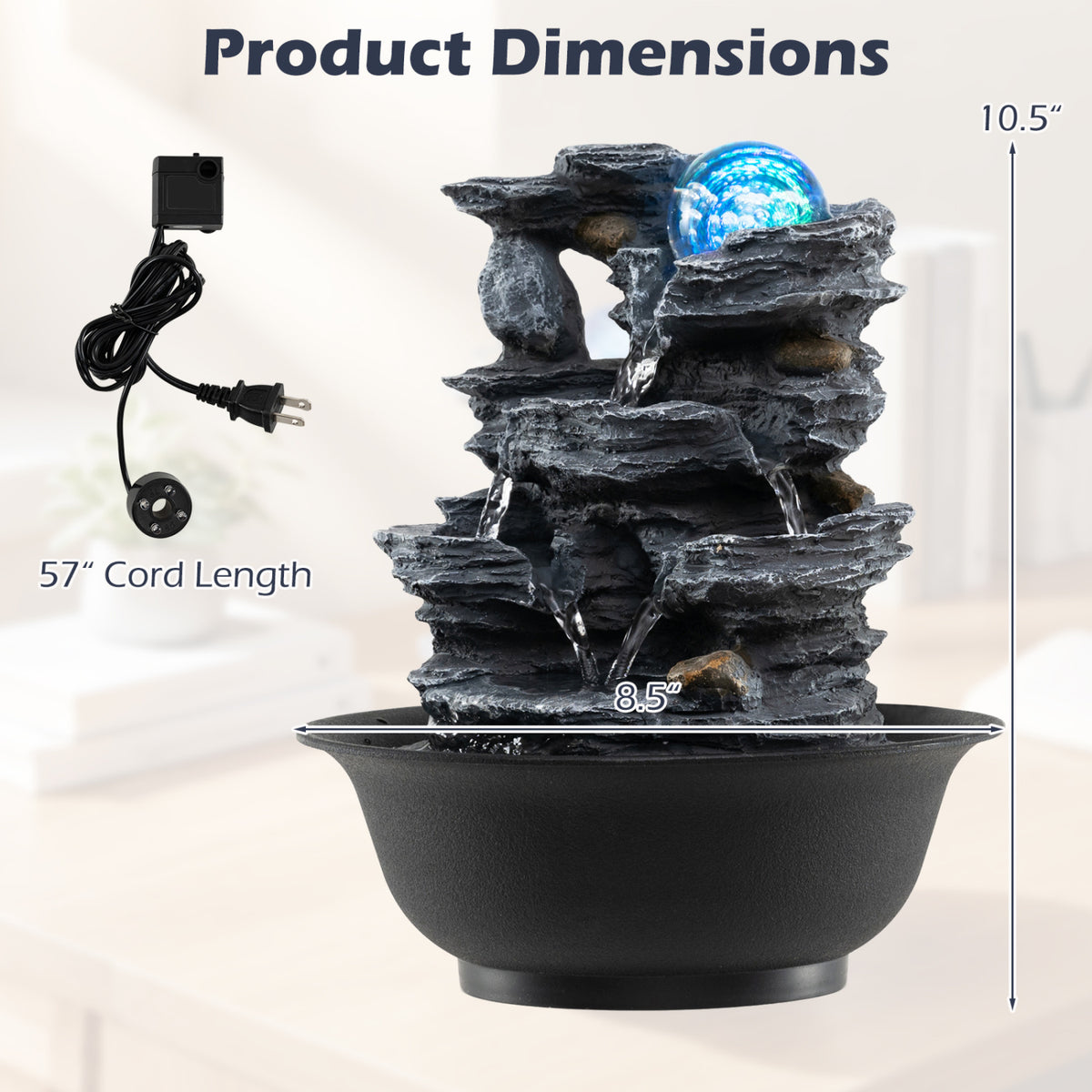 Tabletop Water Fountain with Rolling Crystal Ball and Color-Changing LED Light-B