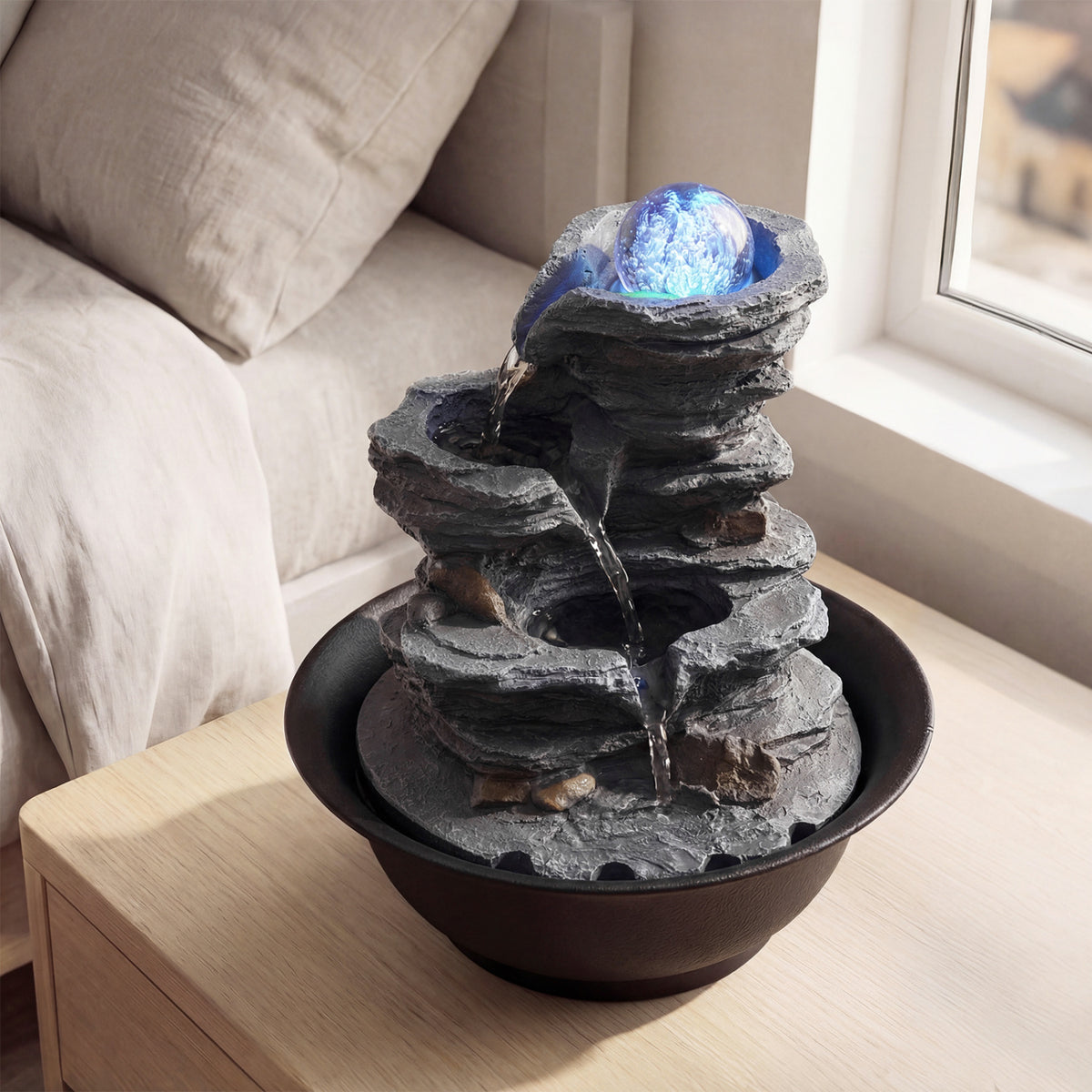 Tabletop Water Fountain with Rolling Crystal Ball and Color-Changing LED Light-C