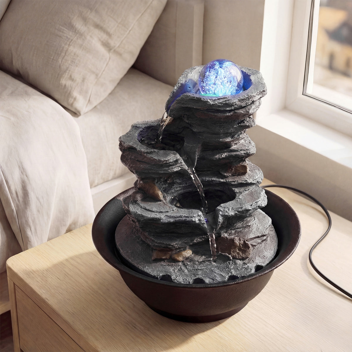 Tabletop Water Fountain with Rolling Crystal Ball and Color-Changing LED Light-C