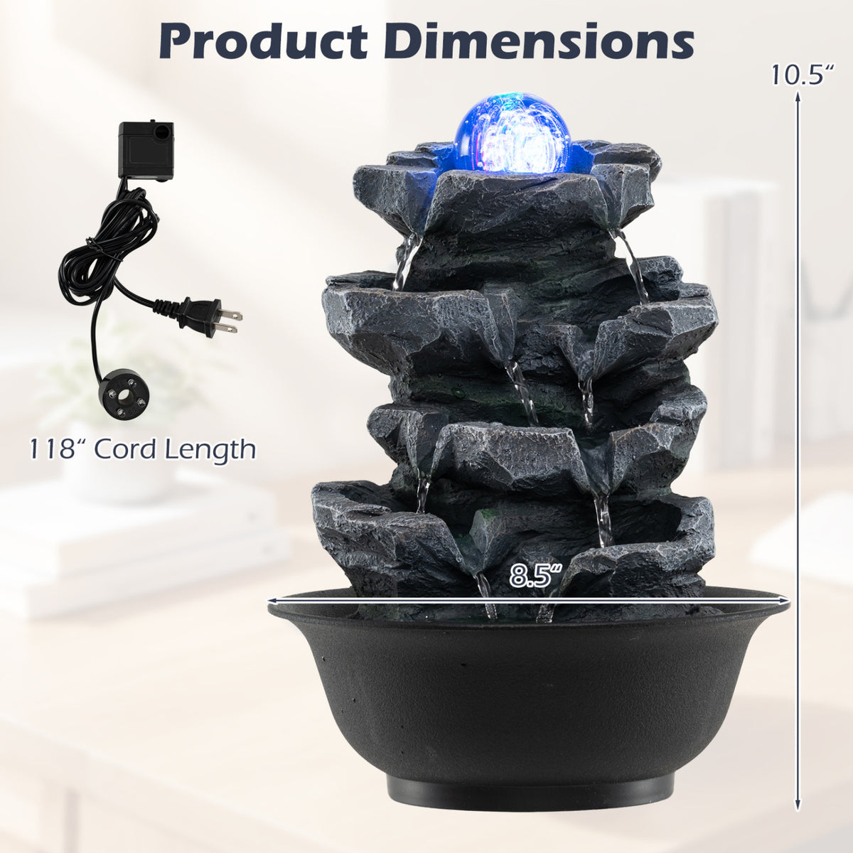 Tabletop Water Fountain with Rolling Crystal Ball and Color-Changing LED Light-D