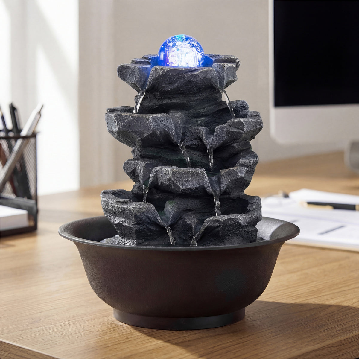 Tabletop Water Fountain with Rolling Crystal Ball and Color-Changing LED Light-D