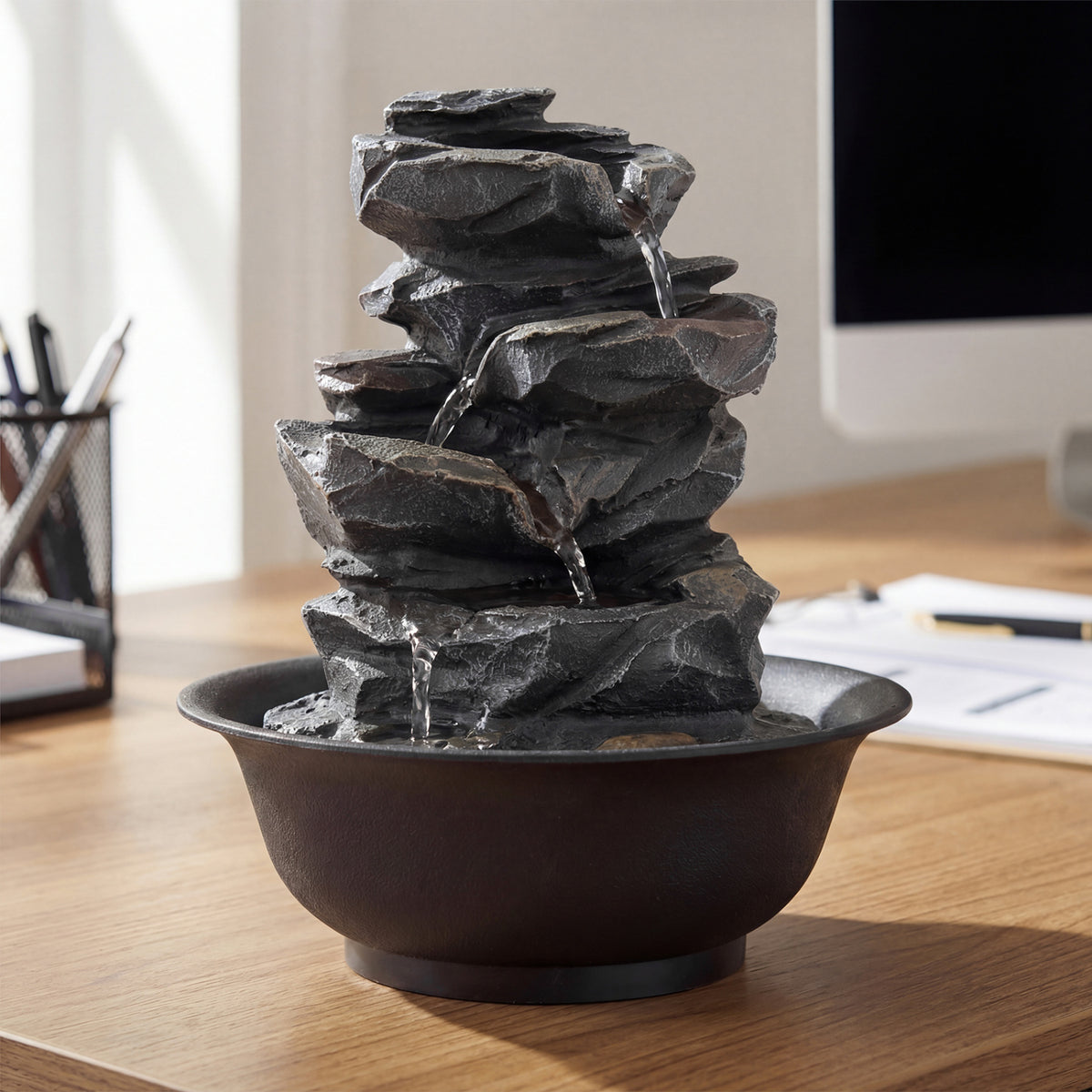 Tabletop Water Fountain with LED Light Indoor Desktop Cascading Water Feature