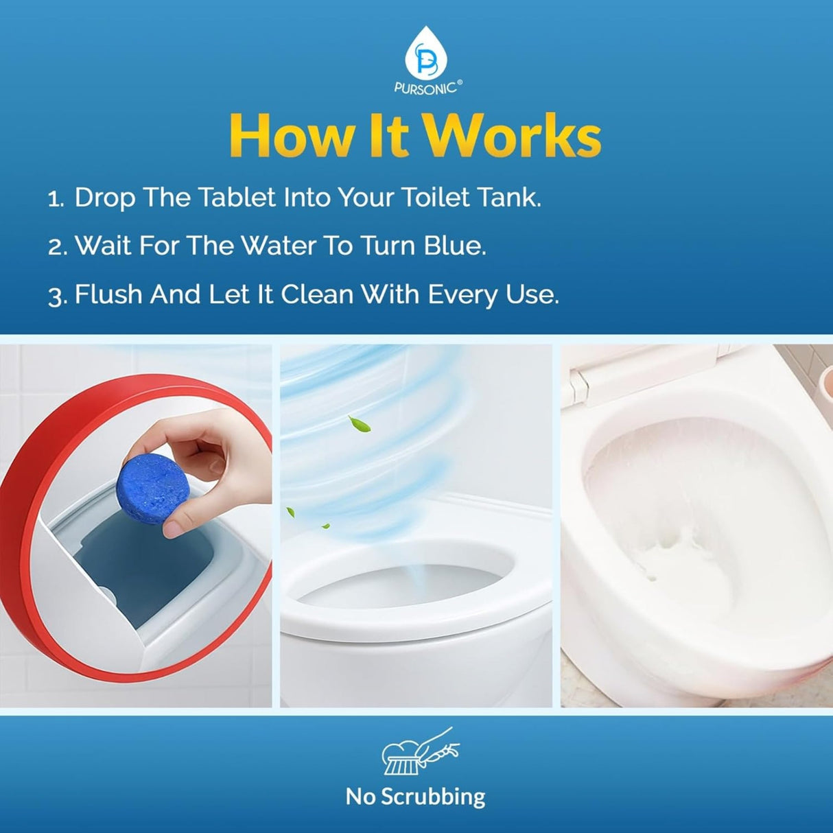 Automatic Toilet Bowl Cleaner Tablets Blue Gel Toilet Tank Cleaners, Septic-Safe Hard Water Ring Stain Remover, Smell Eliminator Heavy Duty Toilet Cleaning & Deodorizer, Fresh Scent - 48 Tabs by Pursonic