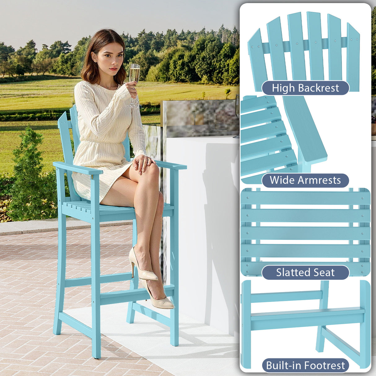 Tall Adirondack Chair with Armrests and Footrest for Deck-Turquoise
