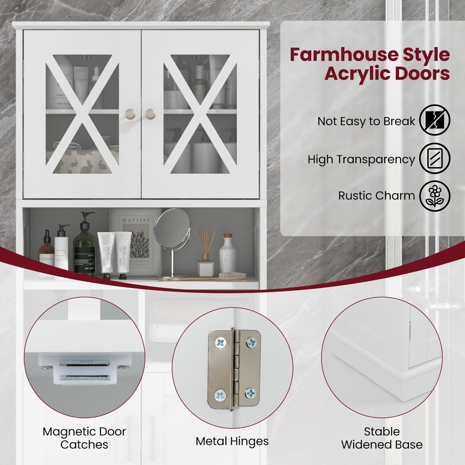 Tall Bathroom Cabinet Large Floor Storage Cabinet with Acrylic Doors and 3 Cubes-White