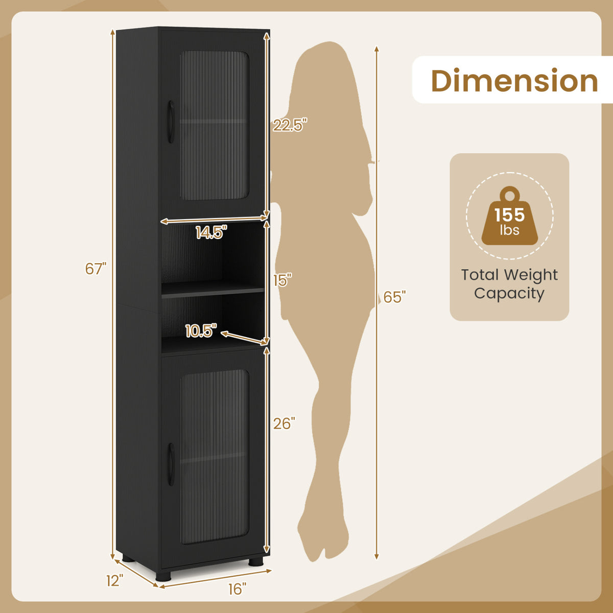 Tall Bathroom Storage Cabinet 67 Inches Freestanding Storage Organizer-Black