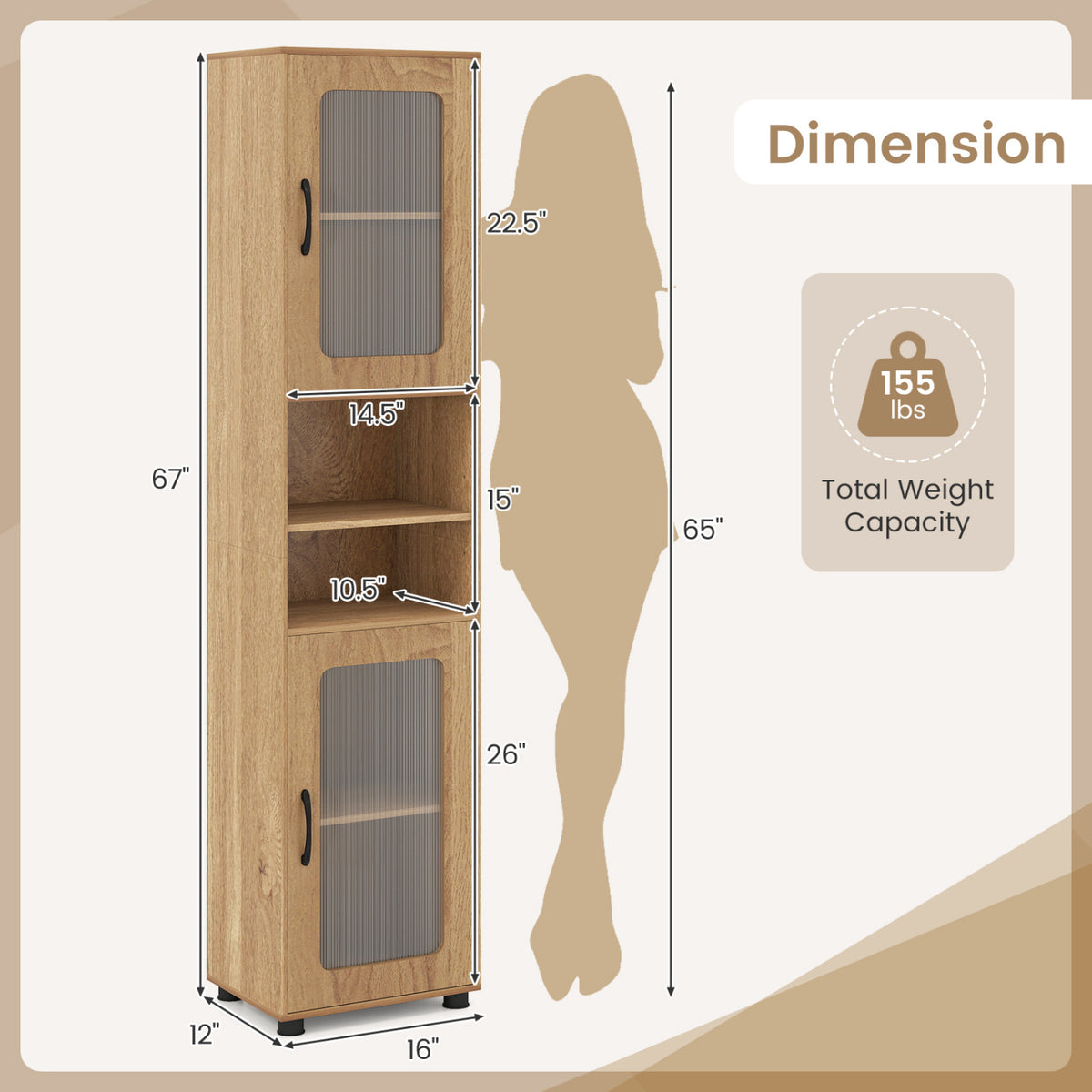 Tall Bathroom Storage Cabinet 67 Inches Freestanding Storage Organizer-Natural