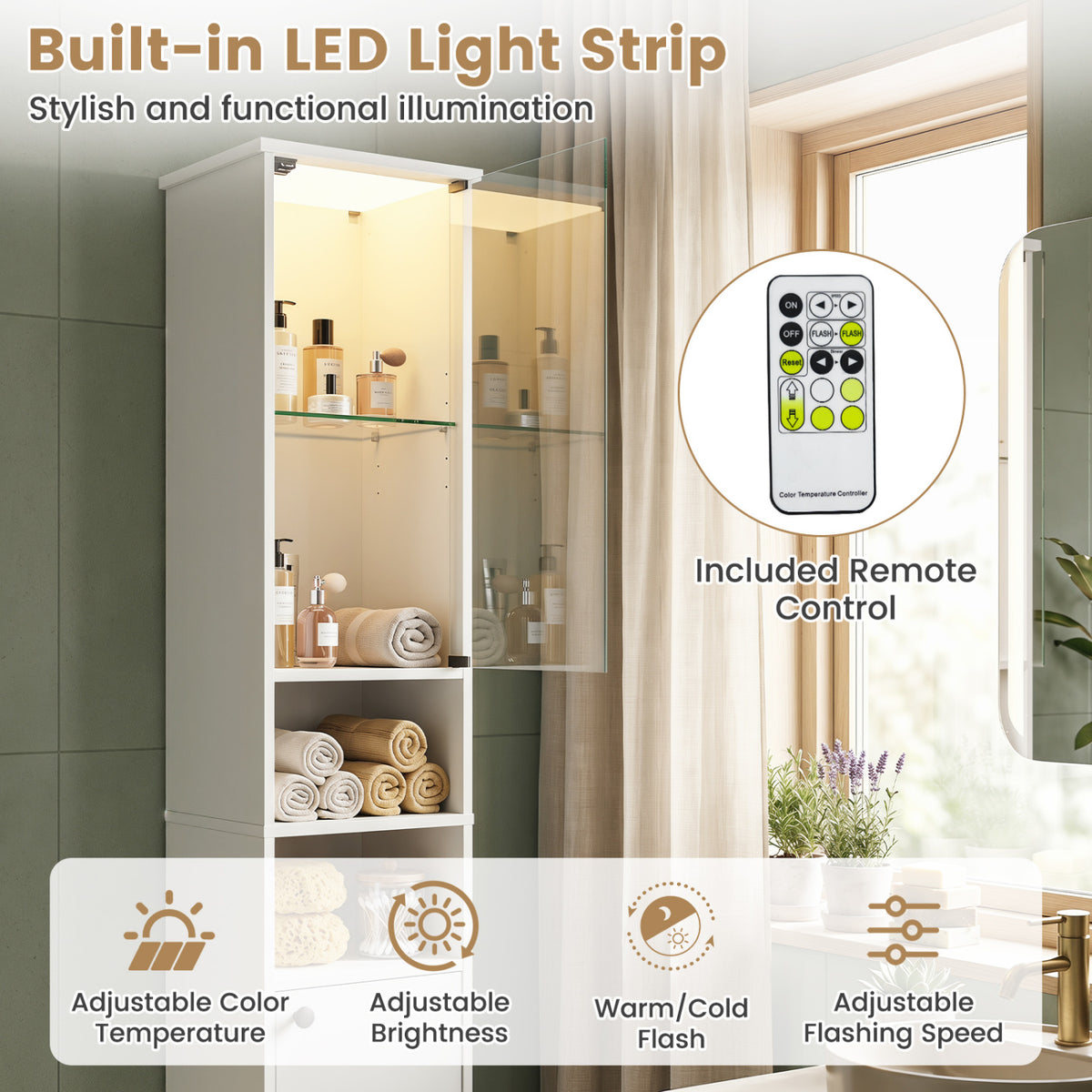 Tall Bathroom Storage Cabinet with LED Lights and Adjustable Shelves-White