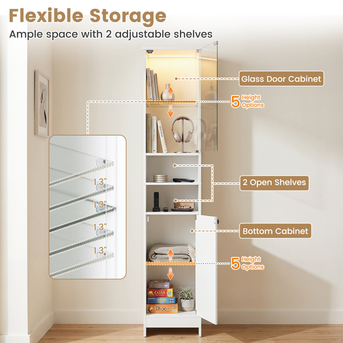 Tall Bathroom Storage Cabinet with LED Lights and Adjustable Shelves-White
