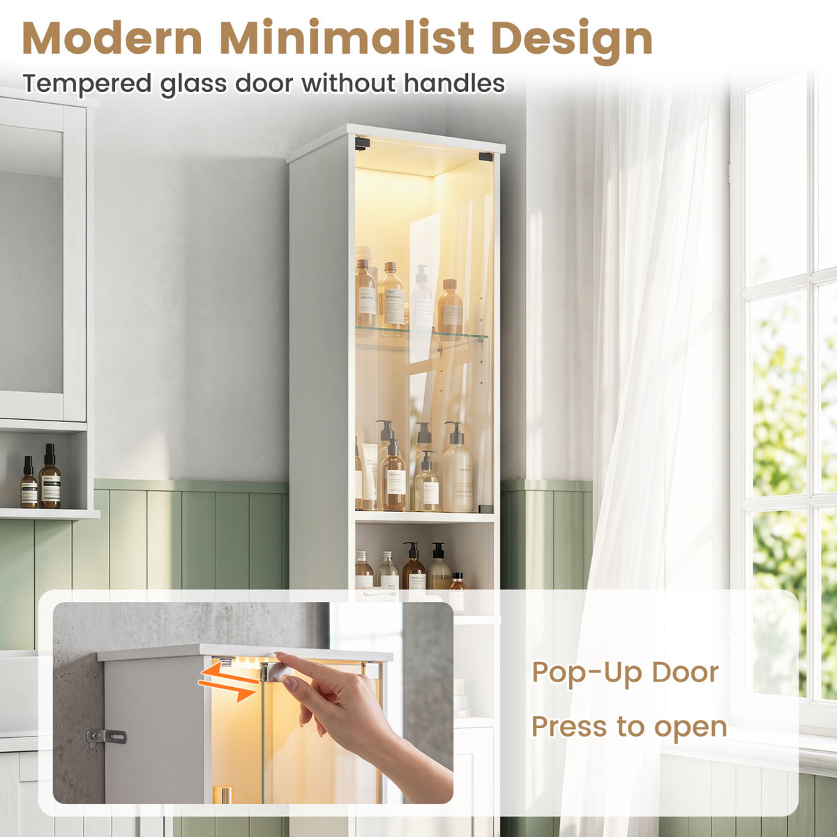 Tall Bathroom Storage Cabinet with LED Lights and Adjustable Shelves-White
