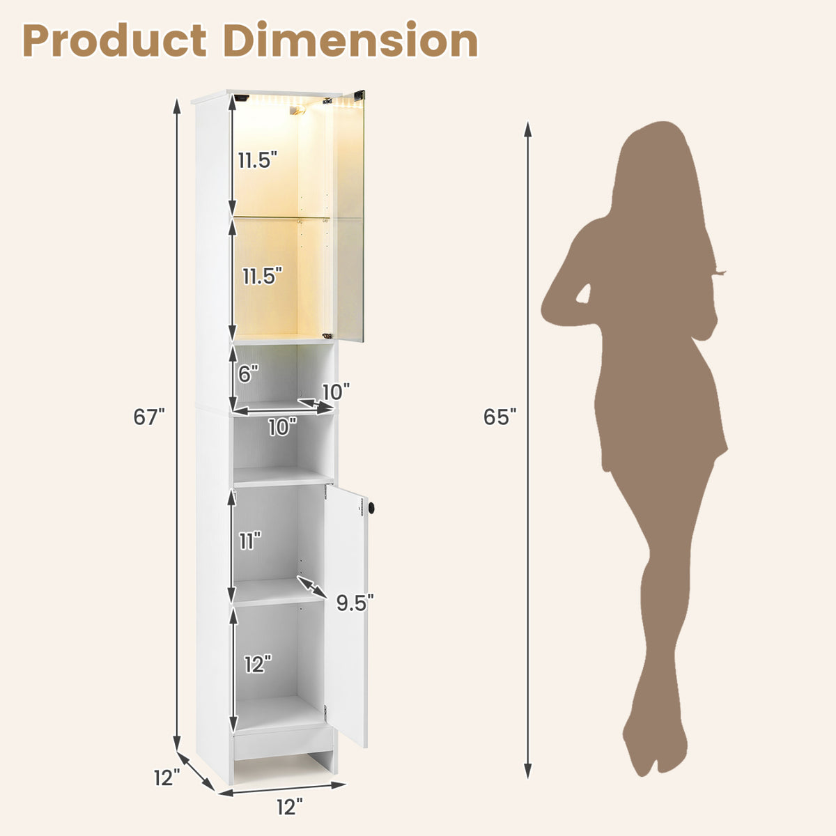 Tall Bathroom Storage Cabinet with LED Lights and Adjustable Shelves-White