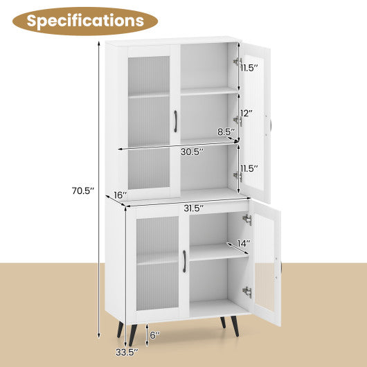 70.5 inch Tall Kitchen Pantry Cabinet Cupboard with 4 Transparent Doors-White