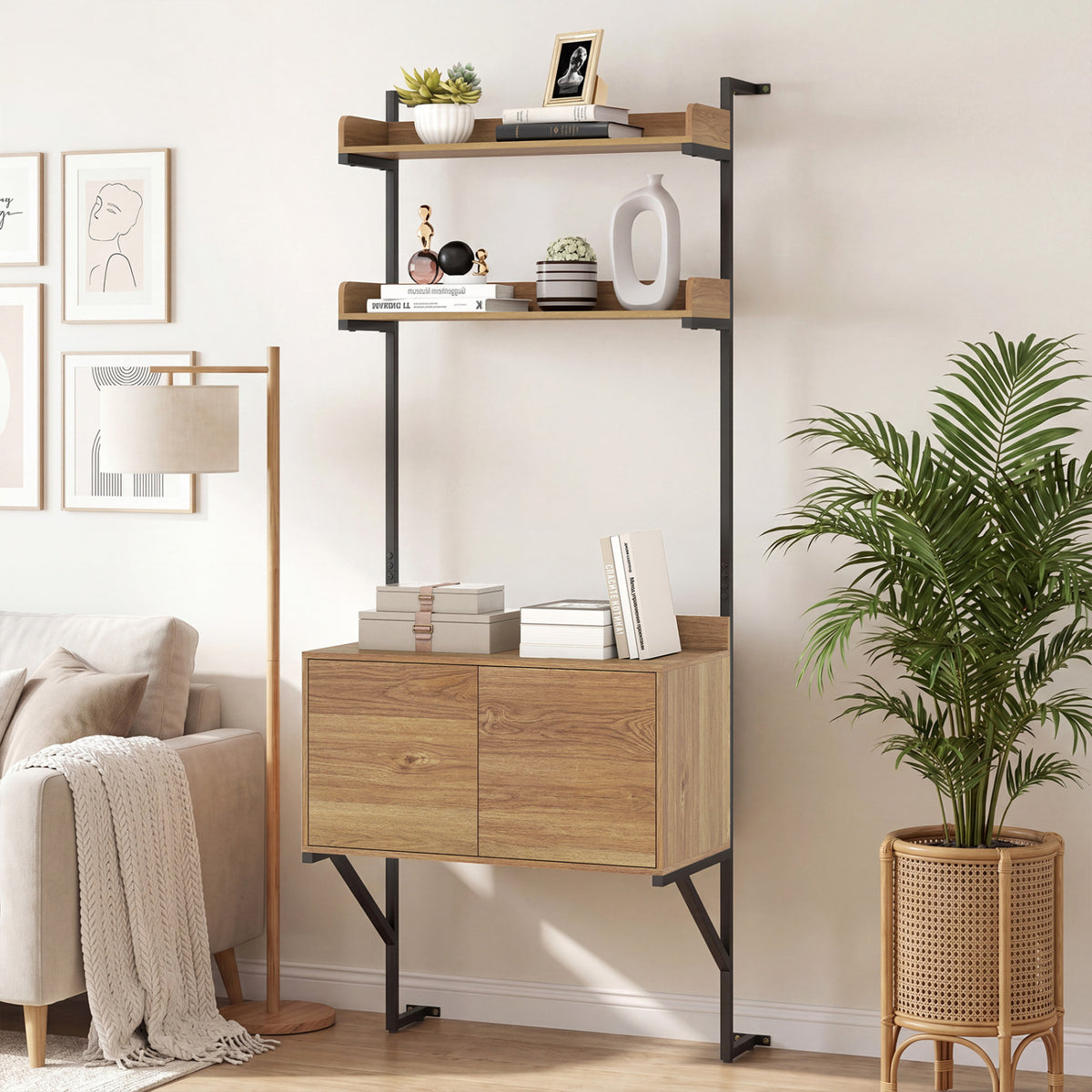 Tall Ladder Shelf with Storage Cabinet Narrow Wall Mounted Ladder Bookcase-Natural