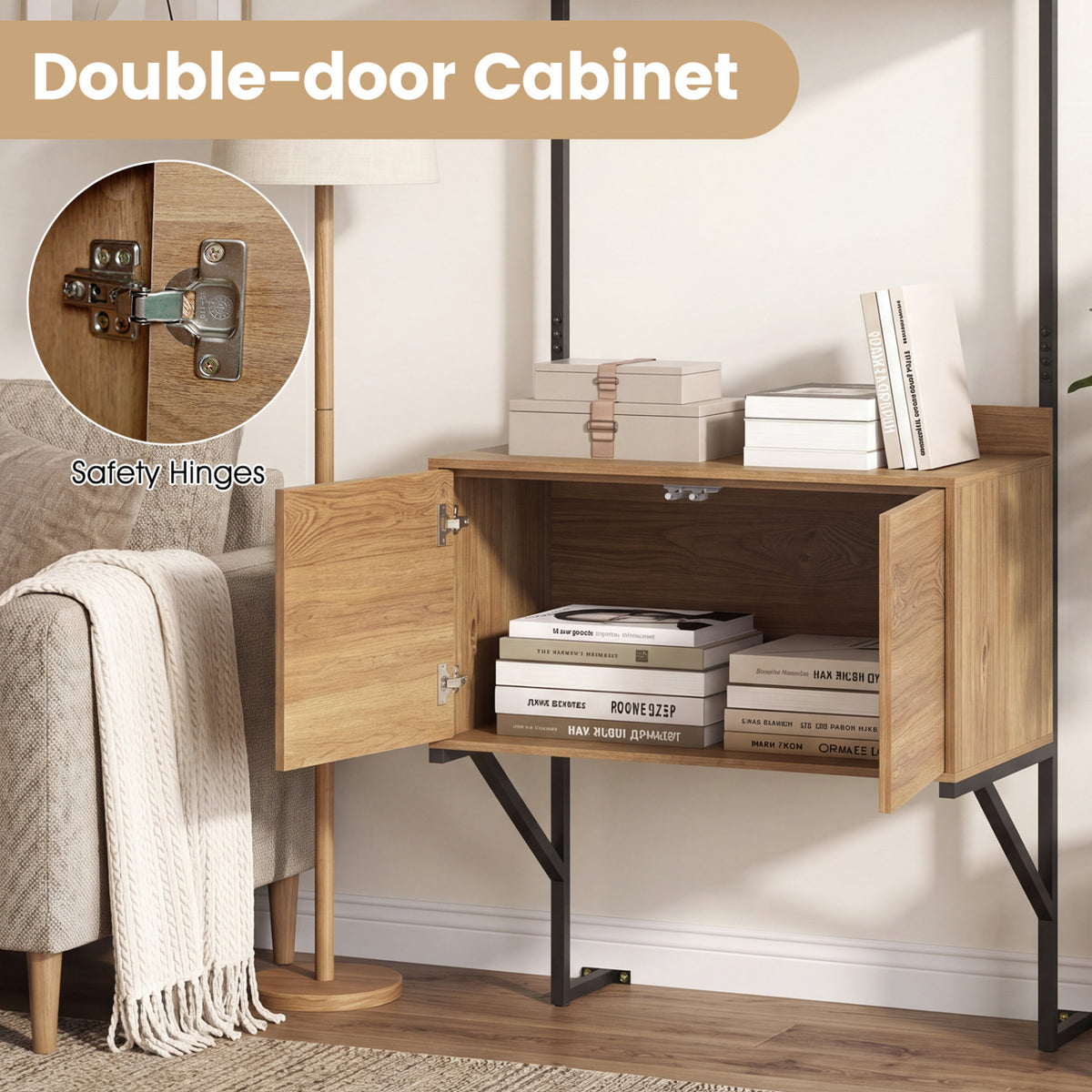 Tall Ladder Shelf with Storage Cabinet Narrow Wall Mounted Ladder Bookcase-Natural