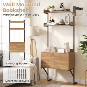 Tall Ladder Shelf with Storage Cabinet Narrow Wall Mounted Ladder Bookcase-Natural