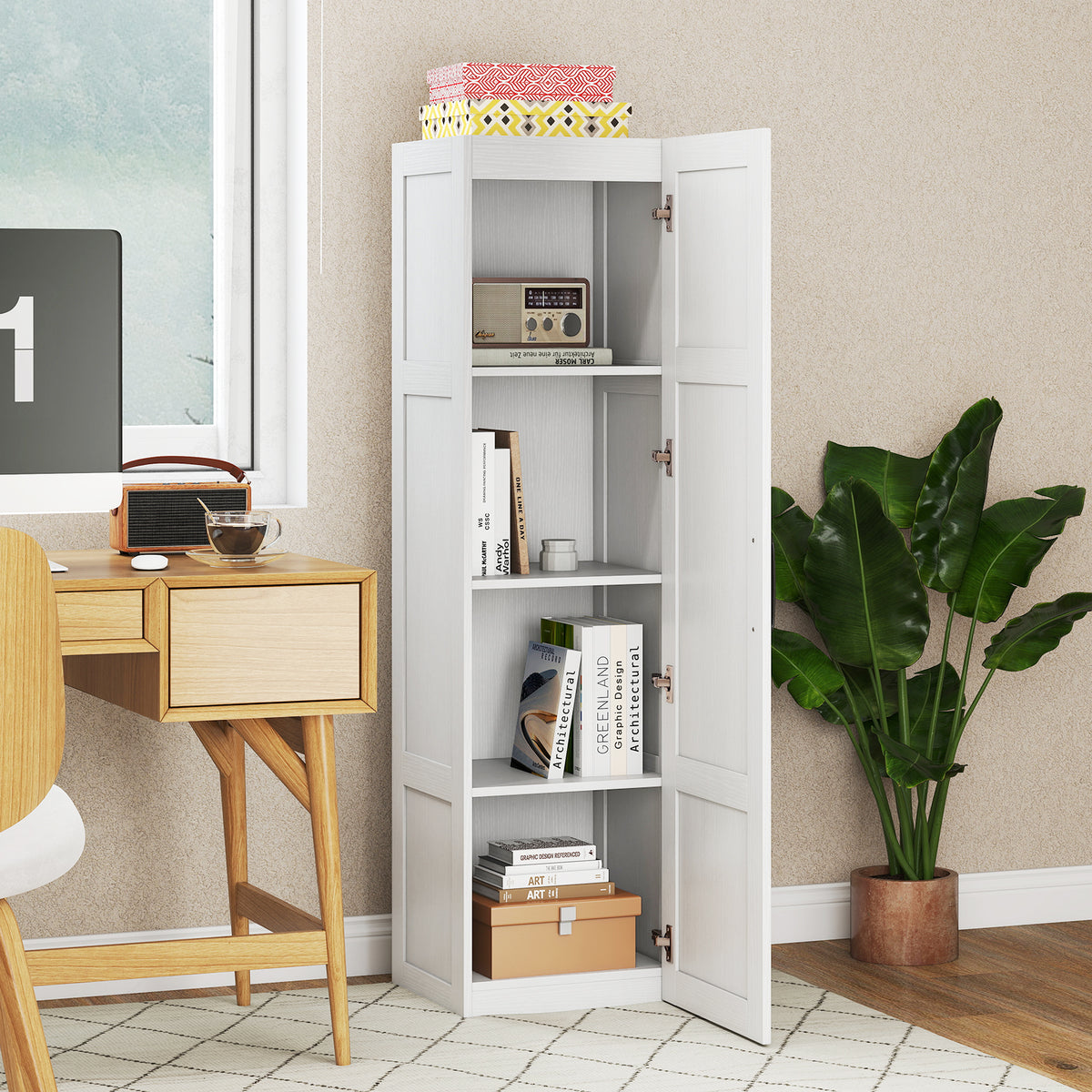 Tall Storage Cabinet with 4 Storage Shelves for Bathroom Living Room-White