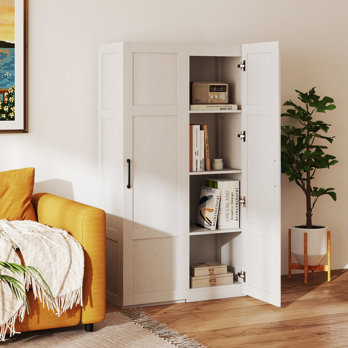 Tall Storage Cabinet with 4 Storage Shelves for Bathroom Living Room-White