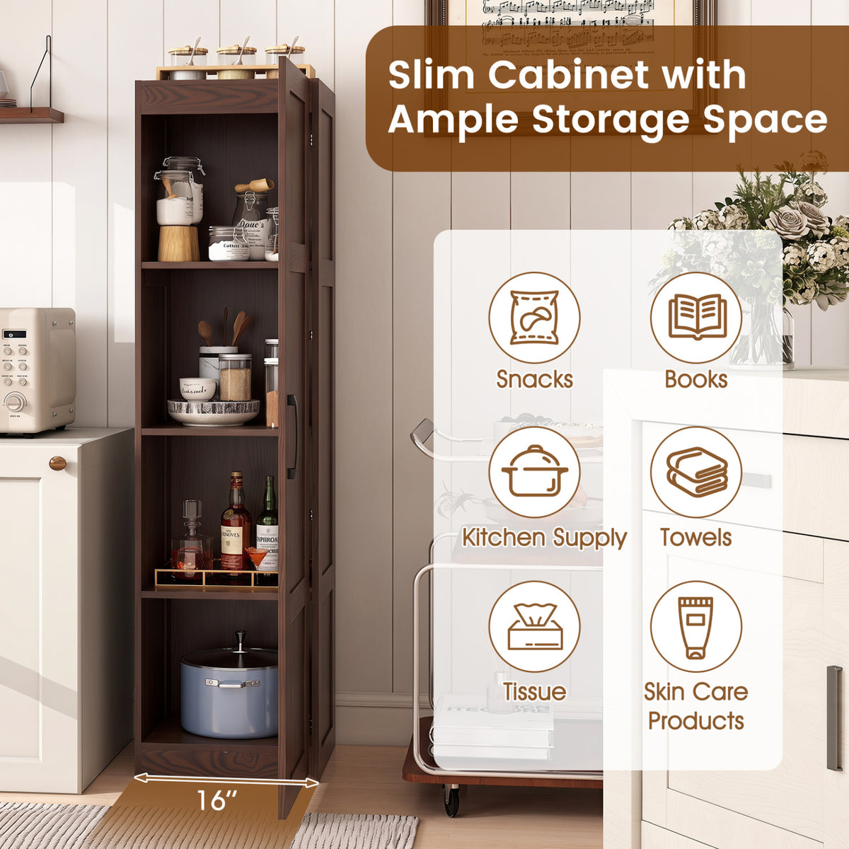 Tall Storage Cabinet with 4 Storage Shelves for Bathroom Living Room-Brown
