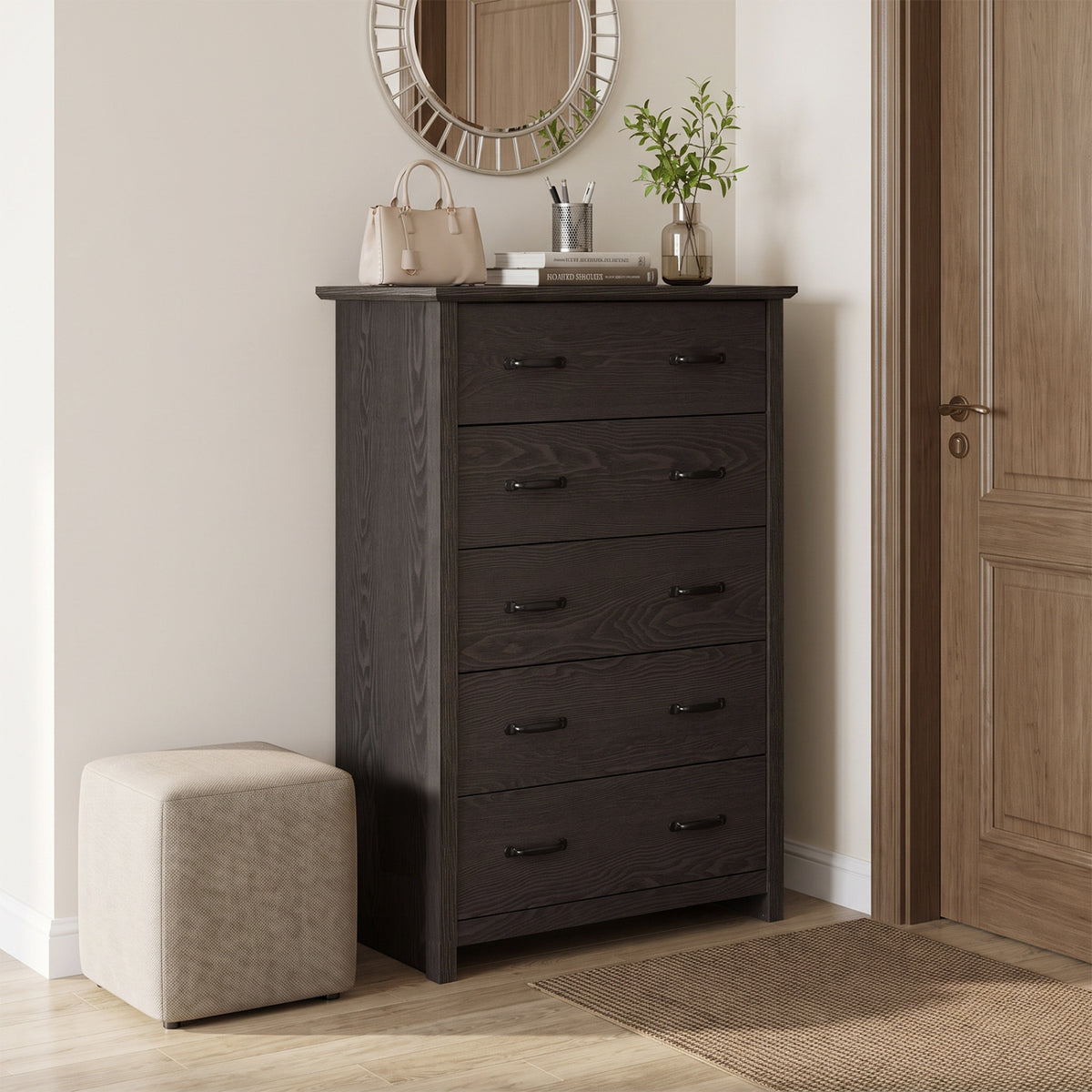 Tall Storage Dresser with 5 Pull-out Drawers for Bedroom Living Room-Gray