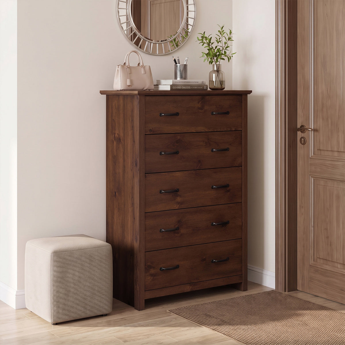 Tall Storage Dresser with 5 Pull-out Drawers for Bedroom Living Room-Walnut