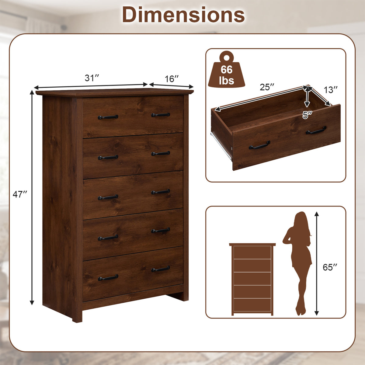 Tall Storage Dresser with 5 Pull-out Drawers for Bedroom Living Room-Walnut