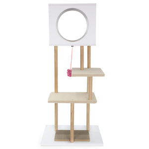 Tall Wood Cat Tower with 2 Corrugated Cardboard-White