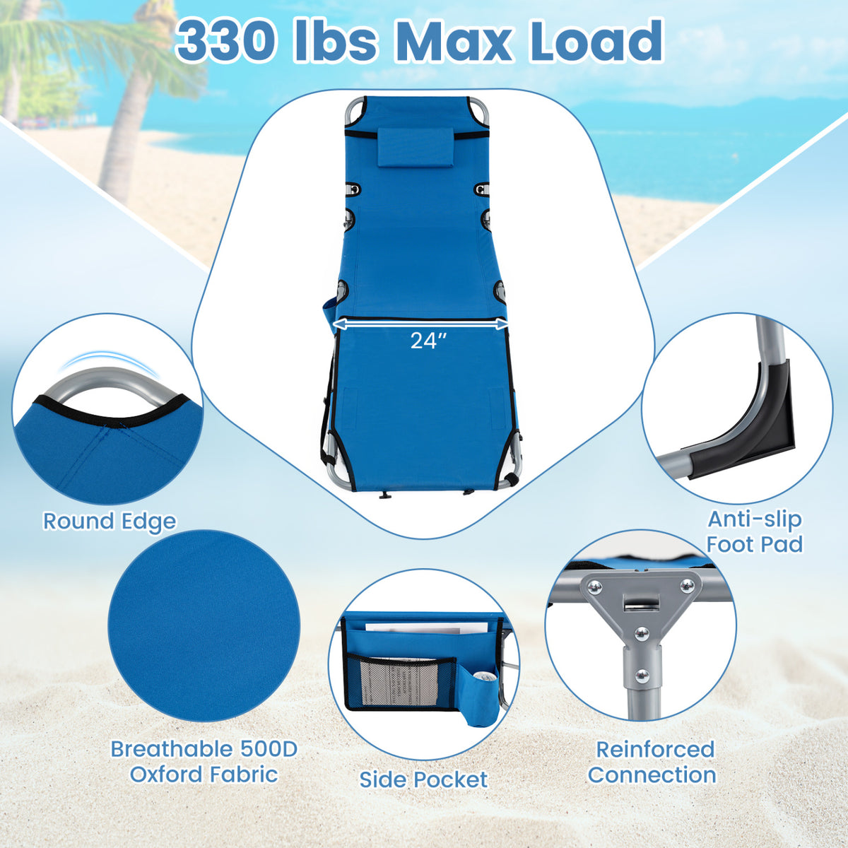 Tanning Chair with Face Arm Holes Portable Sunbathing Chair-Blue