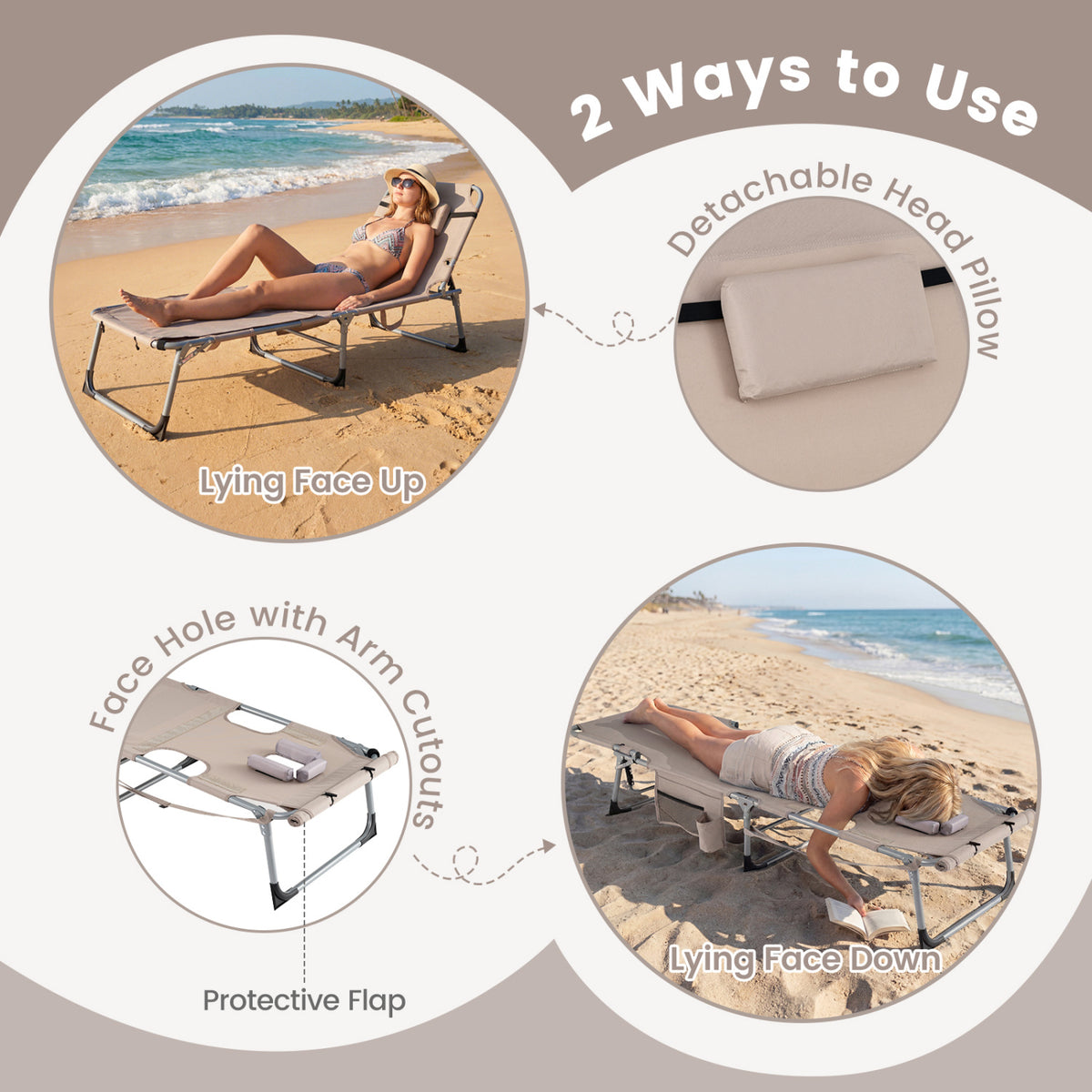 Tanning Chair with Face Arm Holes Portable Sunbathing Chair-Beige