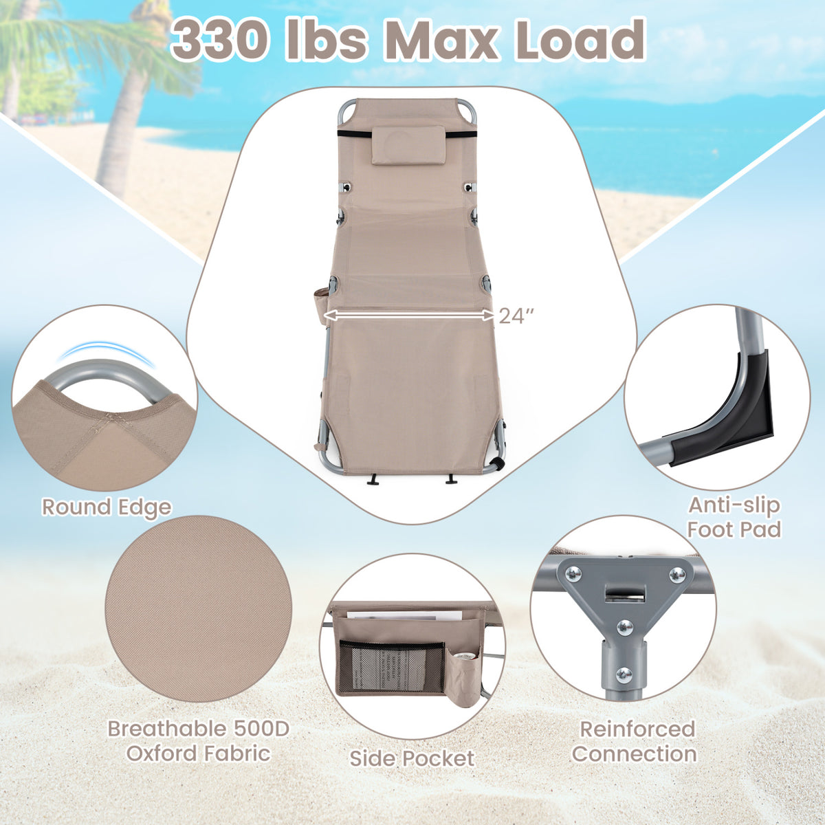 Tanning Chair with Face Arm Holes Portable Sunbathing Chair-Beige