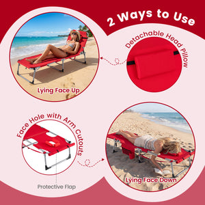 Tanning Chair with Face Arm Holes Portable Sunbathing Chair-Red