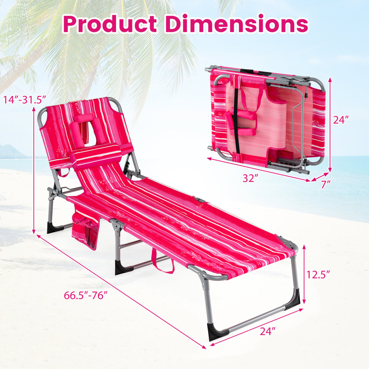 Tanning Chair with Face Arm Holes Folding Chair-Pink Stripe