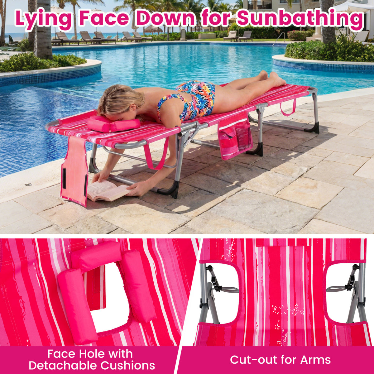 Tanning Chair with Face Arm Holes Folding Chair-Pink Stripe