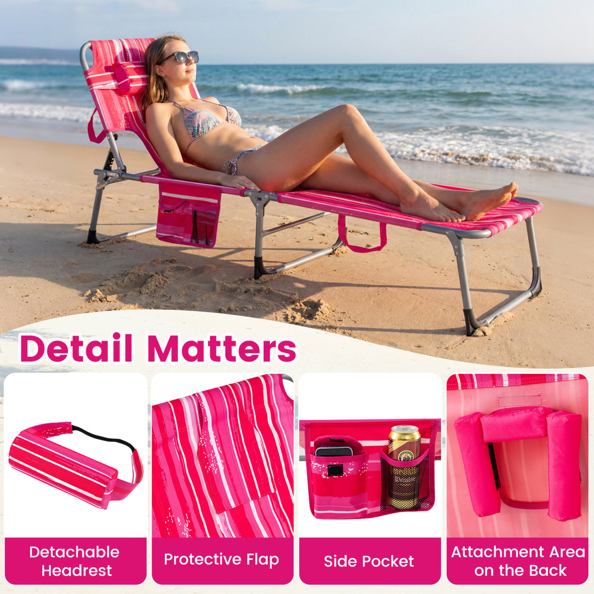 Tanning Chair with Face Arm Holes Folding Chair-Pink Stripe