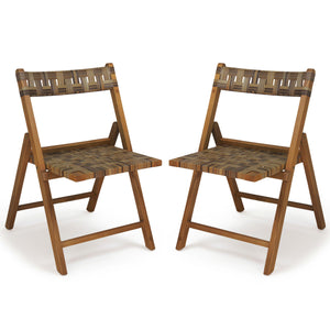 Teak Folding Chairs Set of 2 with Hand-Woven Rattan and Contoured Back