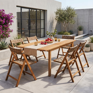 Teak Folding Chairs Set of 2 with Hand-Woven Rattan and Contoured Back