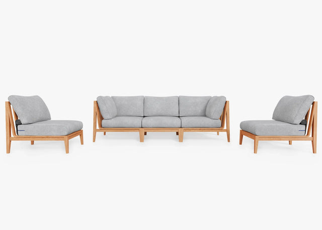 The Teak Outdoor Sofa with Armless Chairs, featuring a five-seat gray cushioned sofa and two coordinating chairs with elegant wooden frames, is stylishly showcased on a white background.